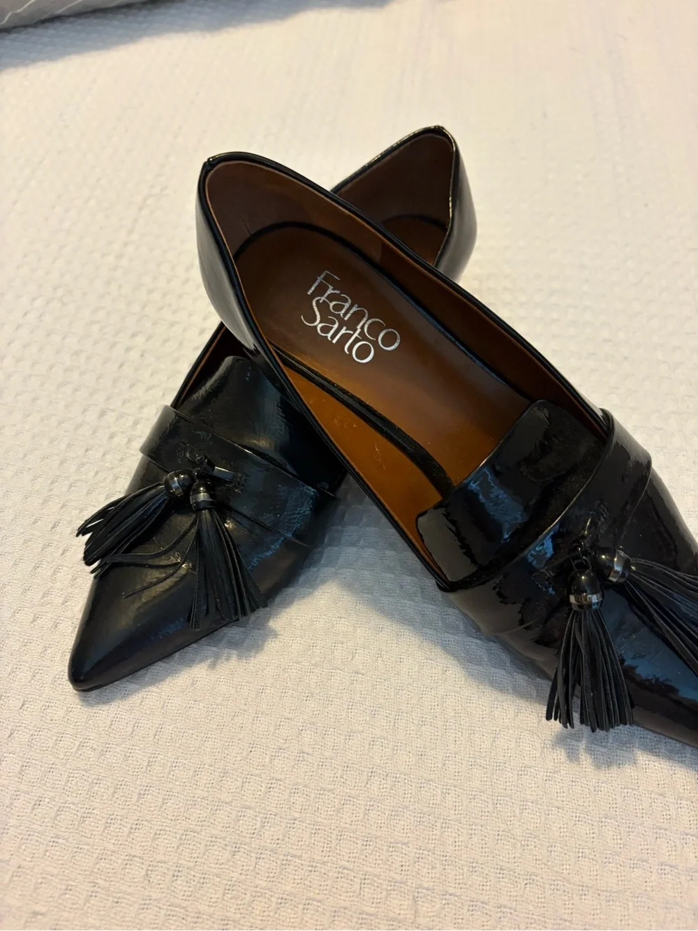 Franco Sarto Black Patent Pointed Tassel Loafers